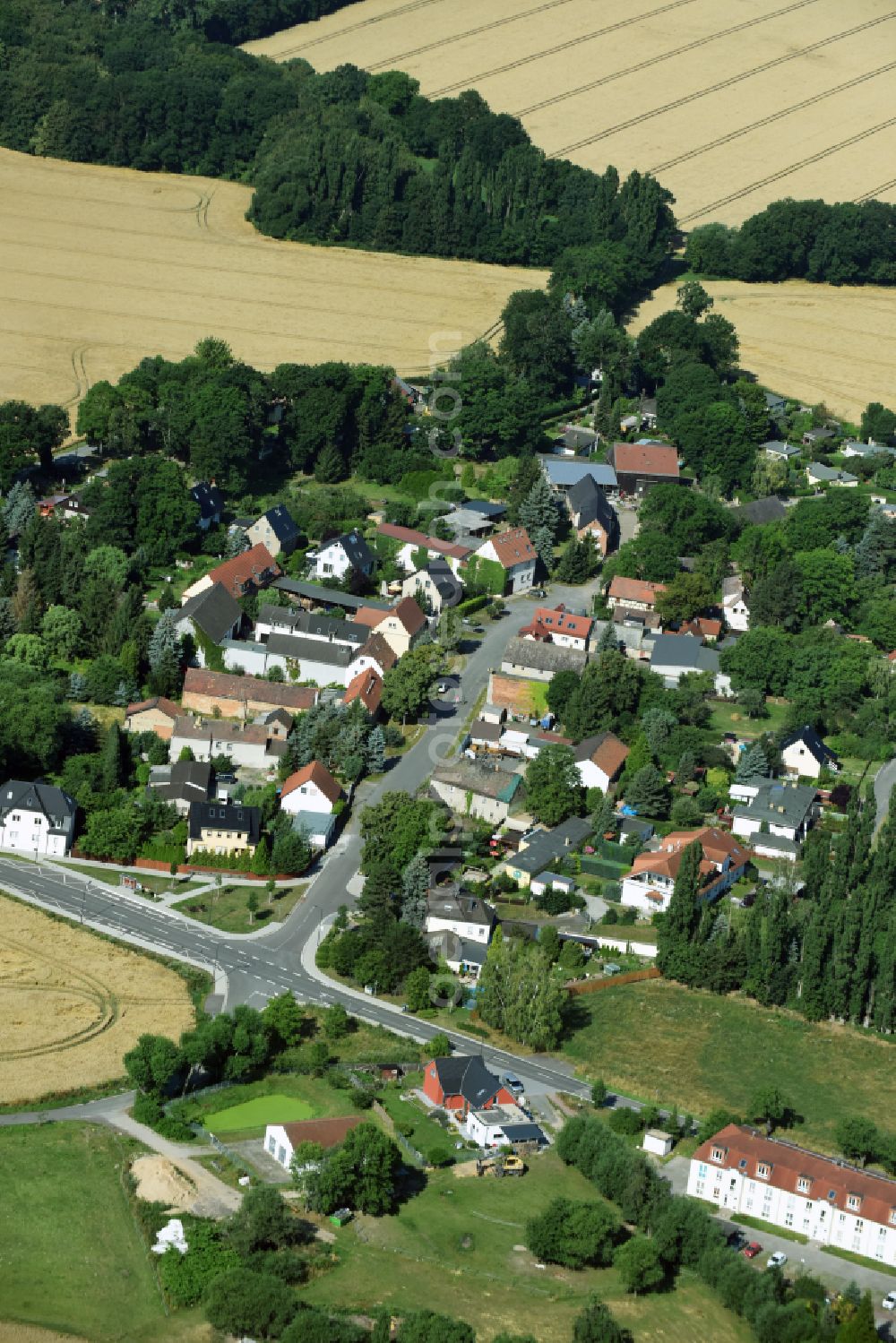 Aerial photograph Pönitz - Village view on the edge of agricultural fields and land on street Alte Dorfstrasse in Poenitz in the state Saxony, Germany