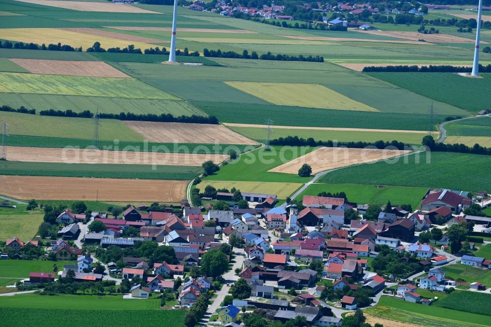 Raitenbuch from above - Village view on the edge of agricultural fields and land in Raitenbuch in the state Bavaria, Germany