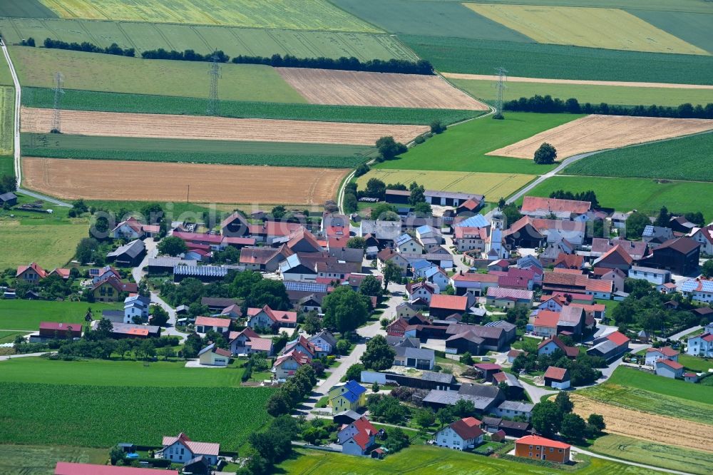 Aerial image Raitenbuch - Village view on the edge of agricultural fields and land in Raitenbuch in the state Bavaria, Germany