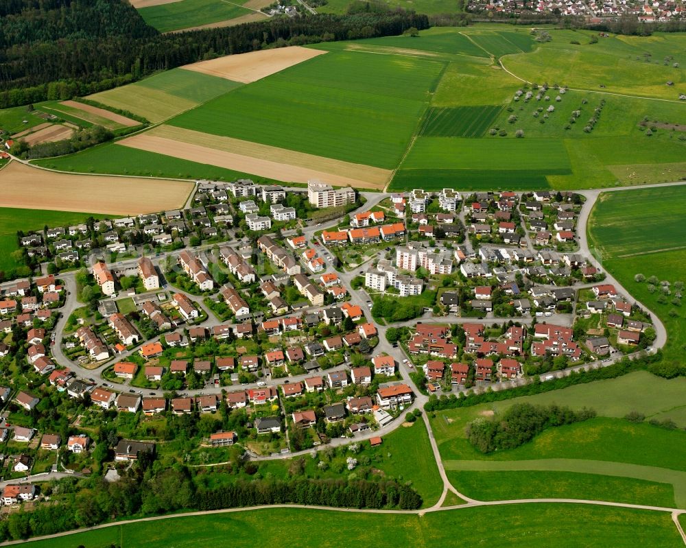 Rechberghausen from the bird's eye view: Village view on the edge of agricultural fields and land in Rechberghausen in the state Baden-Wuerttemberg, Germany