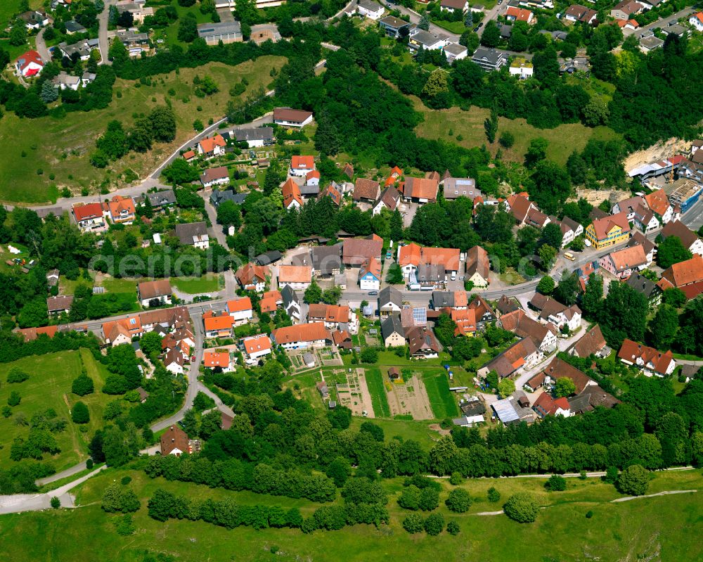 Reusten from above - Village view on the edge of agricultural fields and land in Reusten in the state Baden-Wuerttemberg, Germany