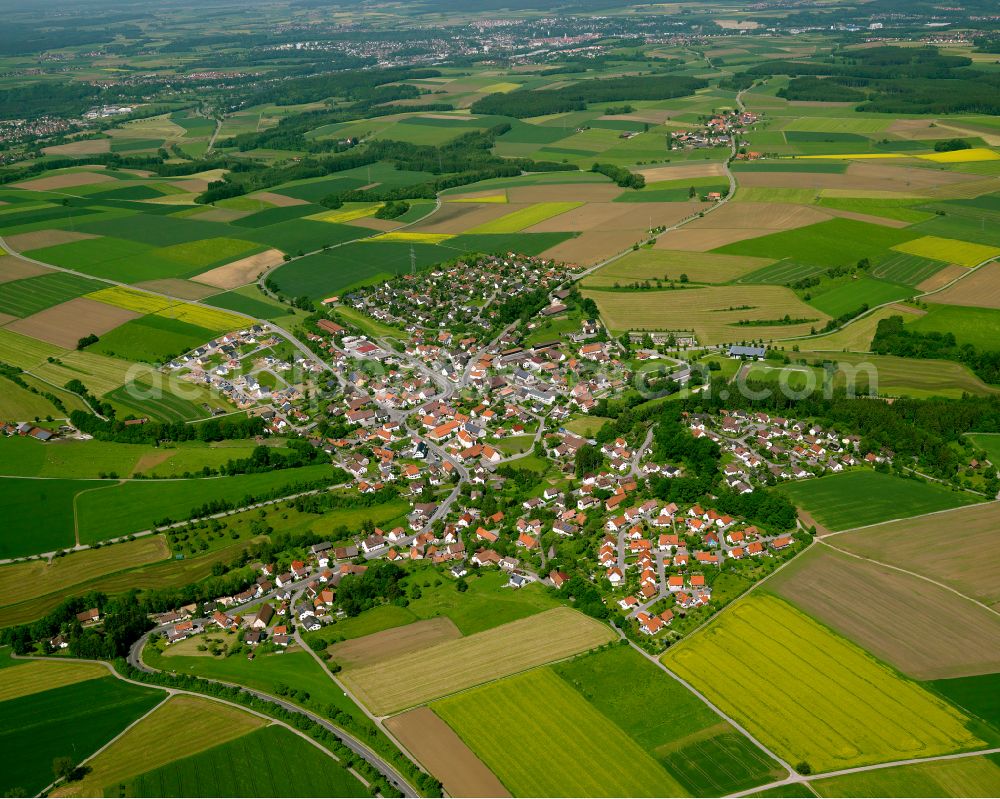 Ringschnait from above - Village view on the edge of agricultural fields and land in Ringschnait in the state Baden-Wuerttemberg, Germany
