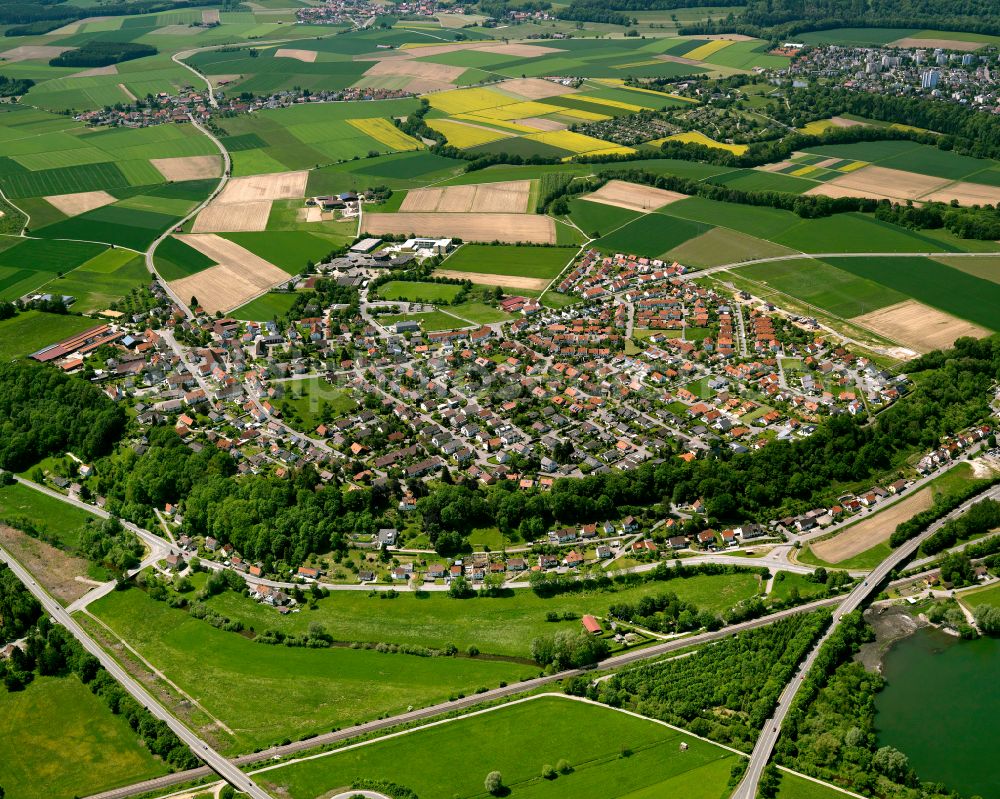 Aerial image Rißegg - Village view on the edge of agricultural fields and land in Rißegg in the state Baden-Wuerttemberg, Germany