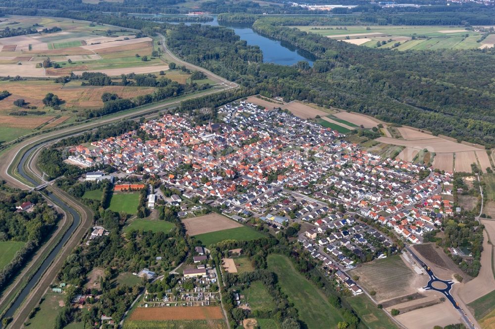 Rußheim from above - Village view on the edge of agricultural fields and land in Russheim in the state Baden-Wuerttemberg, Germany
