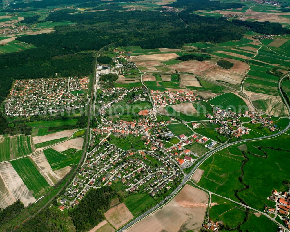 Sachsen bei Ansbach from above - Village view on the edge of agricultural fields and land in Sachsen bei Ansbach in the state Bavaria, Germany