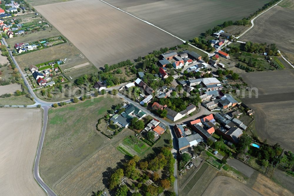Aerial image Sachsendorf - Village view on the edge of agricultural fields and land in Sachsendorf in the state Saxony-Anhalt, Germany