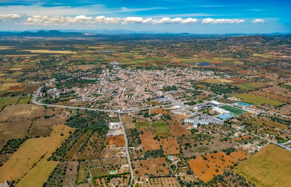 Santanyi from above - Village view on the edge of agricultural fields and land in Santanyi in Balearic island of Mallorca, Spain