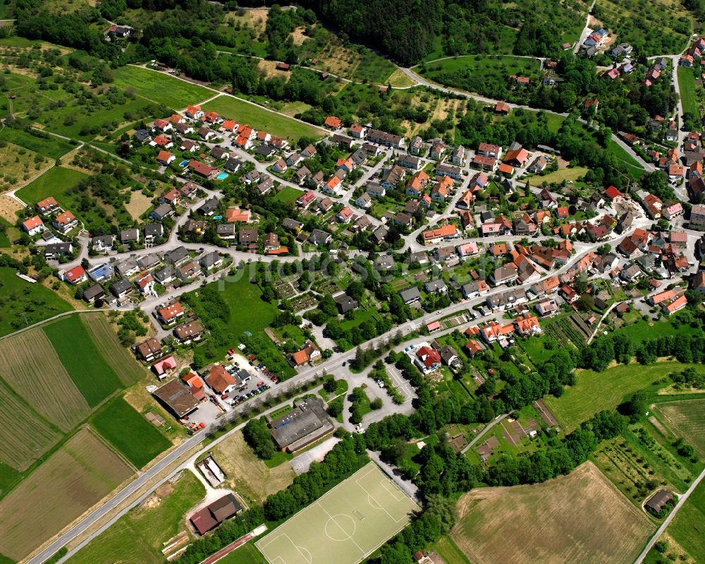 Schornbach from above - Village view on the edge of agricultural fields and land in Schornbach in the state Baden-Wuerttemberg, Germany