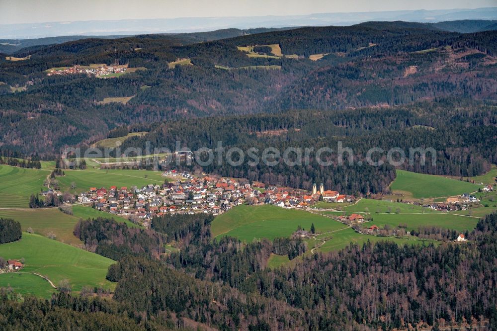 Sankt Märgen from above - Village view on the edge of agricultural fields and land in Schwarzwald in Sankt Maergen in the state Baden-Wuerttemberg, Germany
