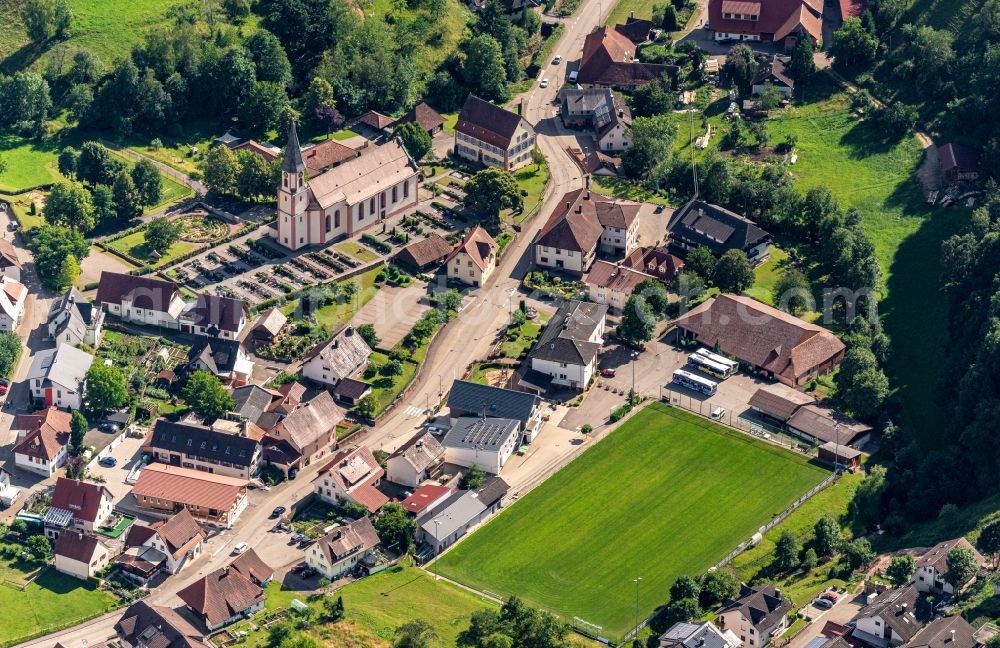 Schweighausen from the bird's eye view: Village view on the edge of agricultural fields and land in Schweighausen in the state Baden-Wuerttemberg, Germany