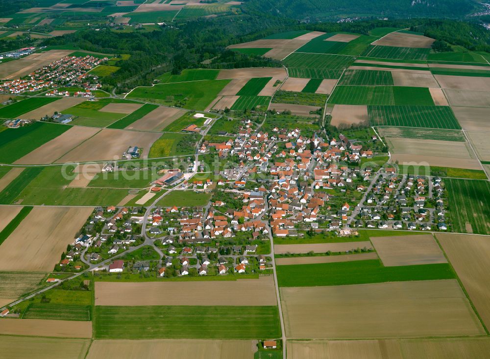 Seißen from above - Village view on the edge of agricultural fields and land in Seißen in the state Baden-Wuerttemberg, Germany