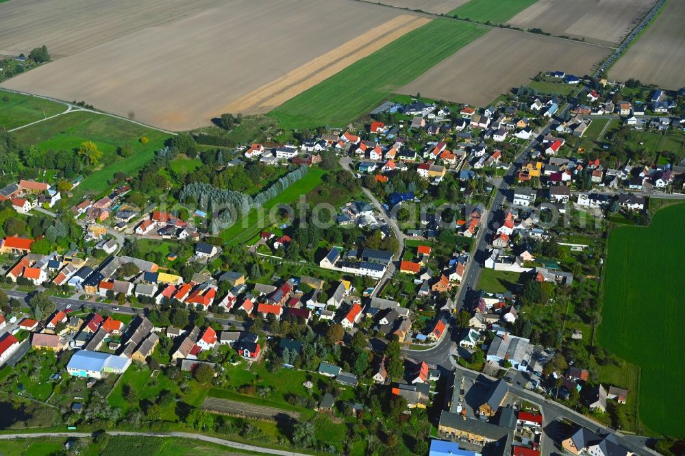 Aerial image Söllichau - Village view on the edge of agricultural fields and land in Soellichau in the state Saxony-Anhalt, Germany