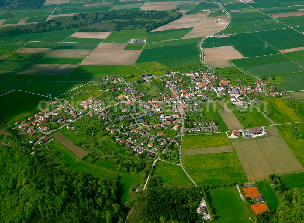 Sonderbuch from above - Village view on the edge of agricultural fields and land in Sonderbuch in the state Baden-Wuerttemberg, Germany