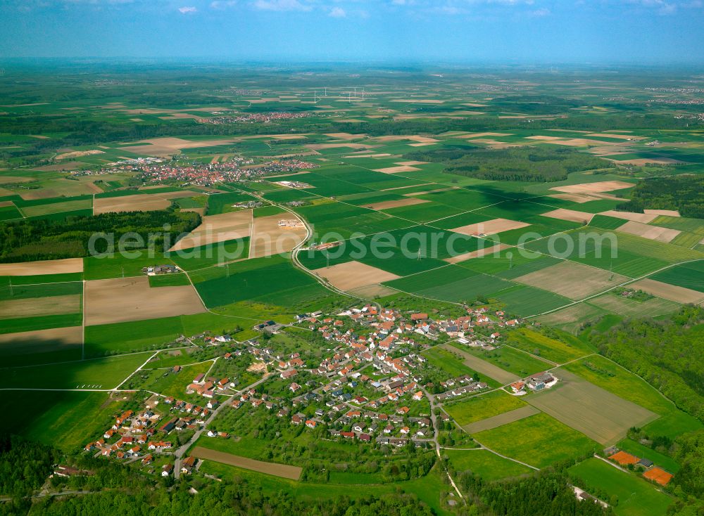 Sonderbuch from the bird's eye view: Village view on the edge of agricultural fields and land in Sonderbuch in the state Baden-Wuerttemberg, Germany