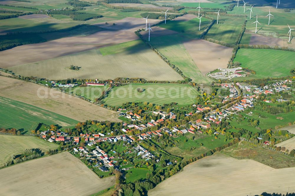 Suckow from above - Village view on the edge of agricultural fields and land in Suckow in the state Mecklenburg - Western Pomerania, Germany