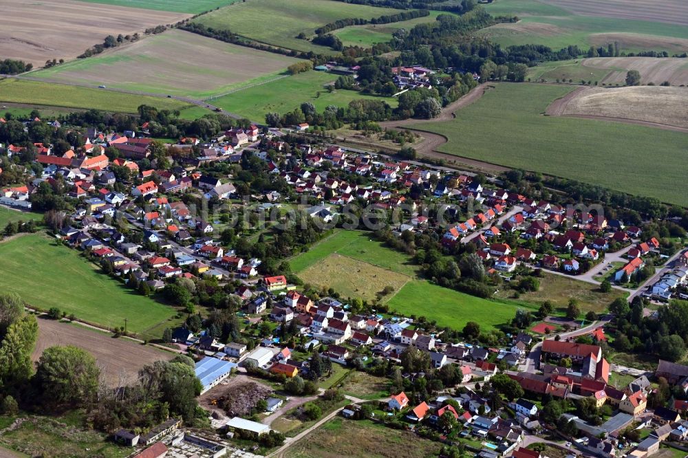 Aerial image Teicha - Village view on the edge of agricultural fields and land in Teicha in the state Saxony-Anhalt, Germany