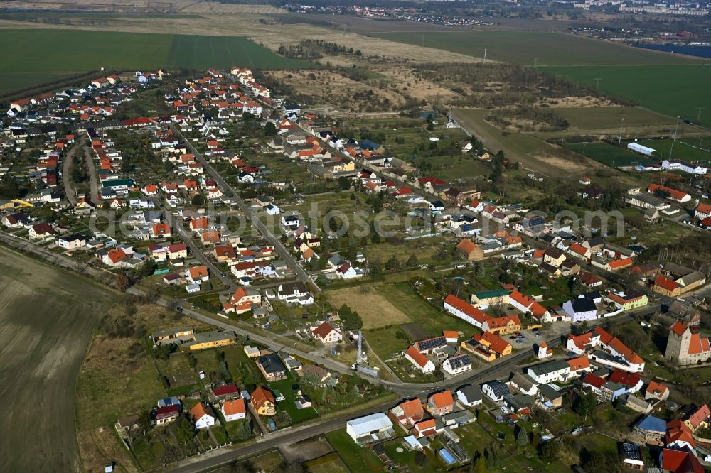 Thalheim from the bird's eye view: Village view on the edge of agricultural fields and land in Thalheim in the state Saxony-Anhalt, Germany