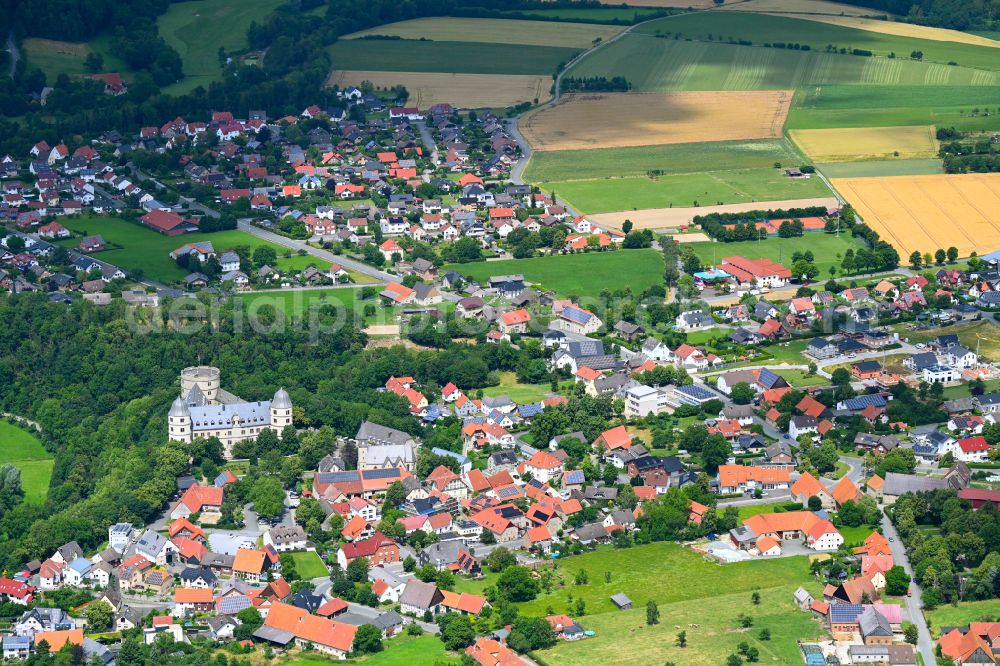 Wewelsburg from above - Village view on the edge of agricultural fields and land in Wewelsburg in the state North Rhine-Westphalia, Germany