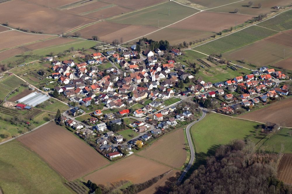 Wintersweiler from the bird's eye view: Village view on the edge of agricultural fields and land in Wintersweiler in the state Baden-Wurttemberg, Germany