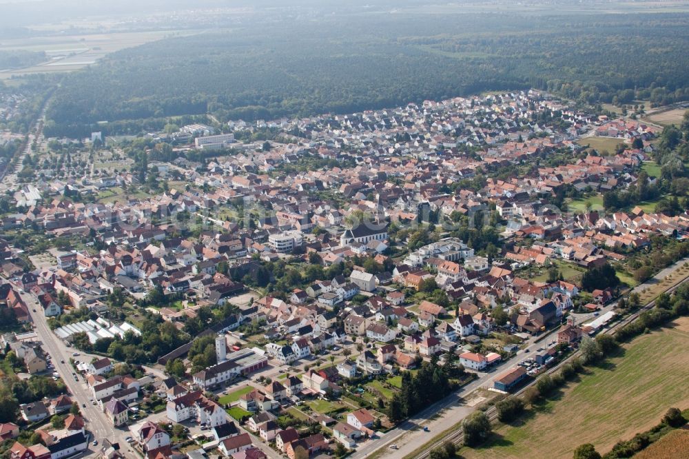 Aerial image Rülzheim - Town View of the streets and houses of the residential areas in Ruelzheim in the state Rhineland-Palatinate, Germany