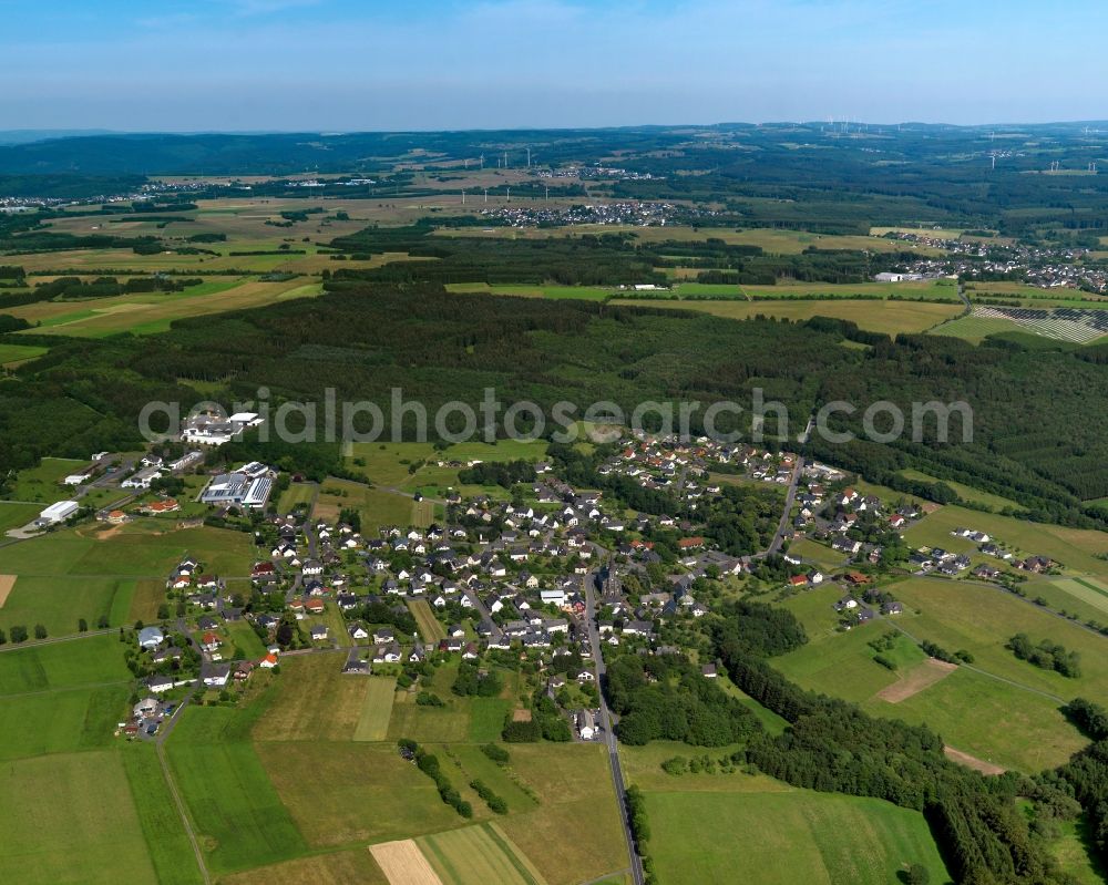 Rosenheim (Landkreis Altenkirchen) from above - View of Rosenheim (District of Altenkirchen) in the state of Rhineland-Palatinate. Rosenheim is located in the Westerwald region, surrounded by wooded hills and is characterised by agriculture. A former mining pit - Rosenheimer Lay - is located in the North of the municipiality. Today it is a nature park