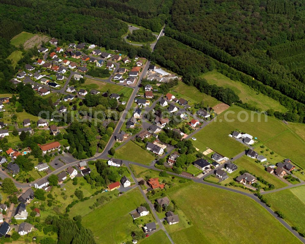 Aerial photograph Rosenheim (Landkreis Altenkirchen) - View of Rosenheim (District of Altenkirchen) in the state of Rhineland-Palatinate. Rosenheim is located in the Westerwald region, surrounded by wooded hills and is characterised by agriculture. A former mining pit - Rosenheimer Lay - is located in the North of the municipiality. Today it is a nature park
