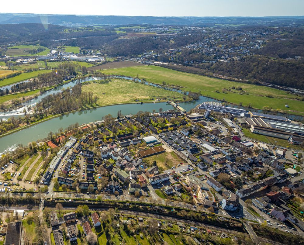 Aerial photograph Wetter (Ruhr) - View of the city Wetter in the Ruhr area with river loop of the Ruhr, industrial area, forest and Friedrichstrasse-Ruhr bridge in the state North Rhine-Westphalia, Germany