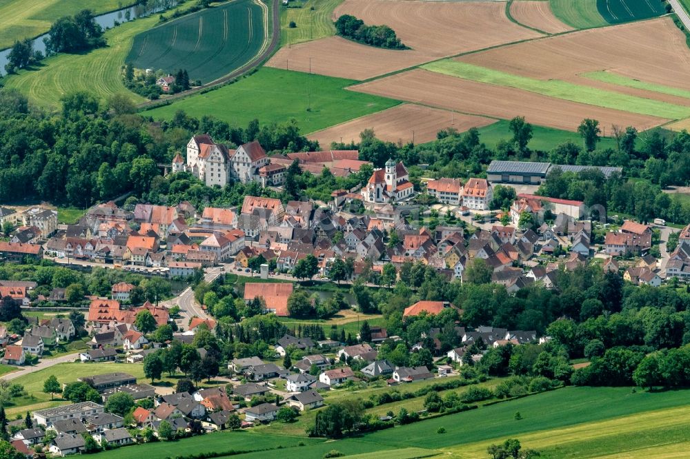 Scheer from above - Town View of the streets and houses of the residential areas in Scheer in the state Baden-Wuerttemberg, Germany