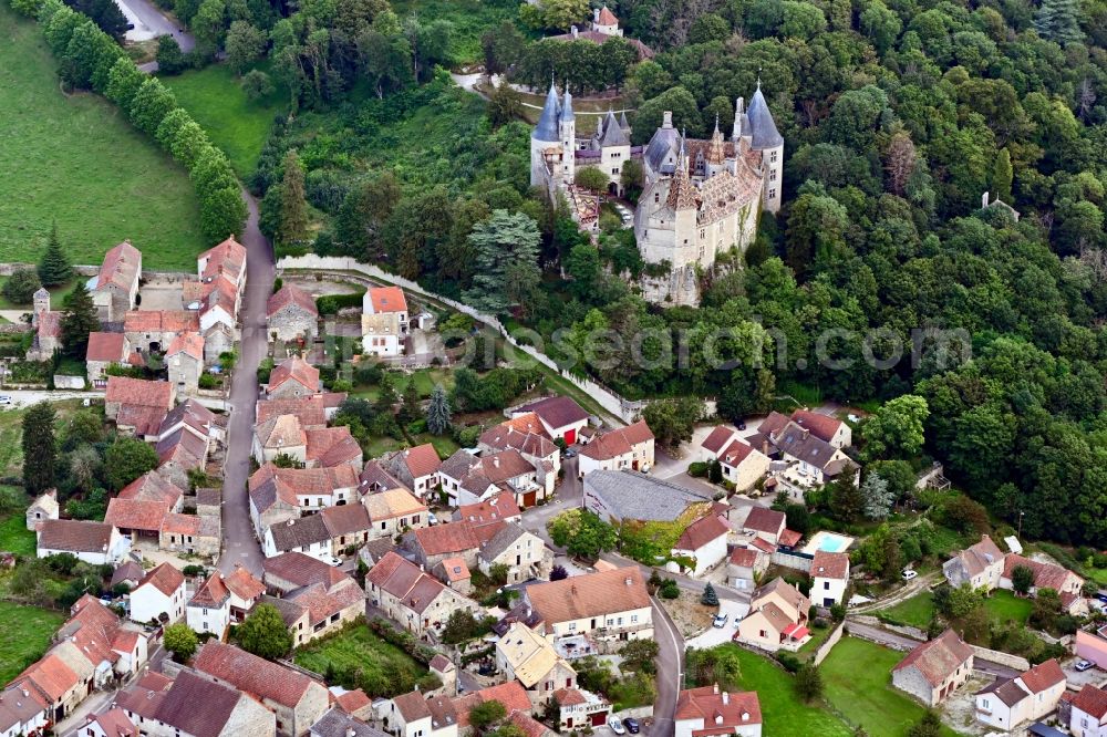 La Rochepot from above - Town View of the castle, streets and houses of the residential areas in La Rochepot in Bourgogne-Franche-Comte, France