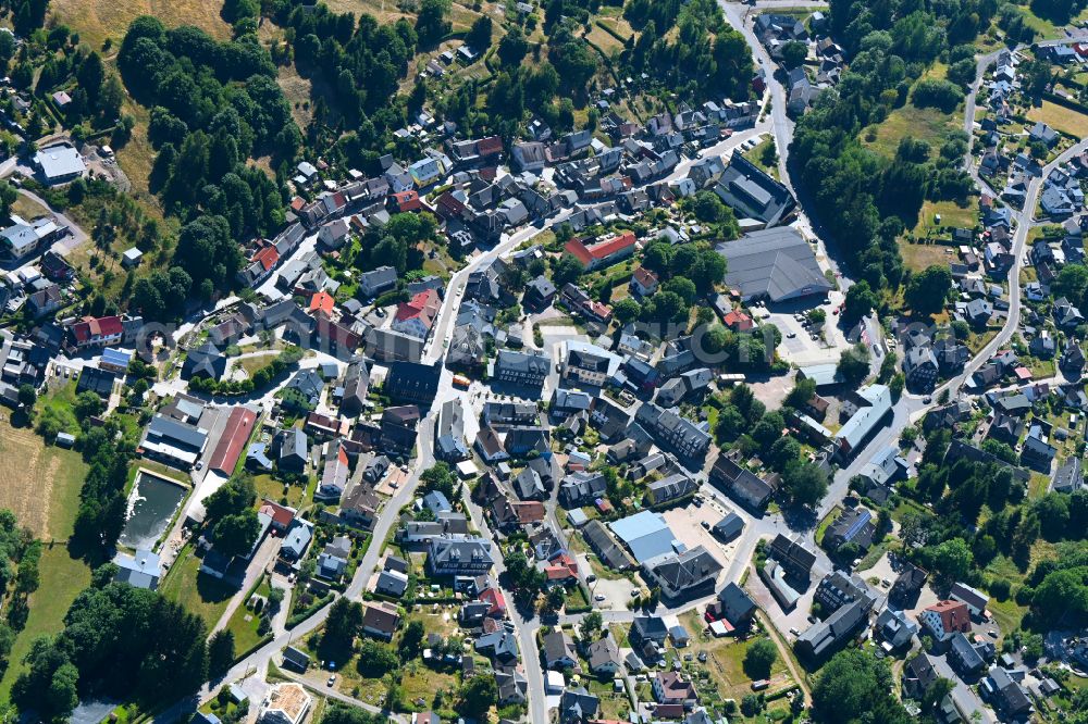 Aerial image Schmiedefeld am Rennsteig - Town View of the streets and houses of the residential areas on street Marktstrasse in Schmiedefeld am Rennsteig in the state Thuringia, Germany