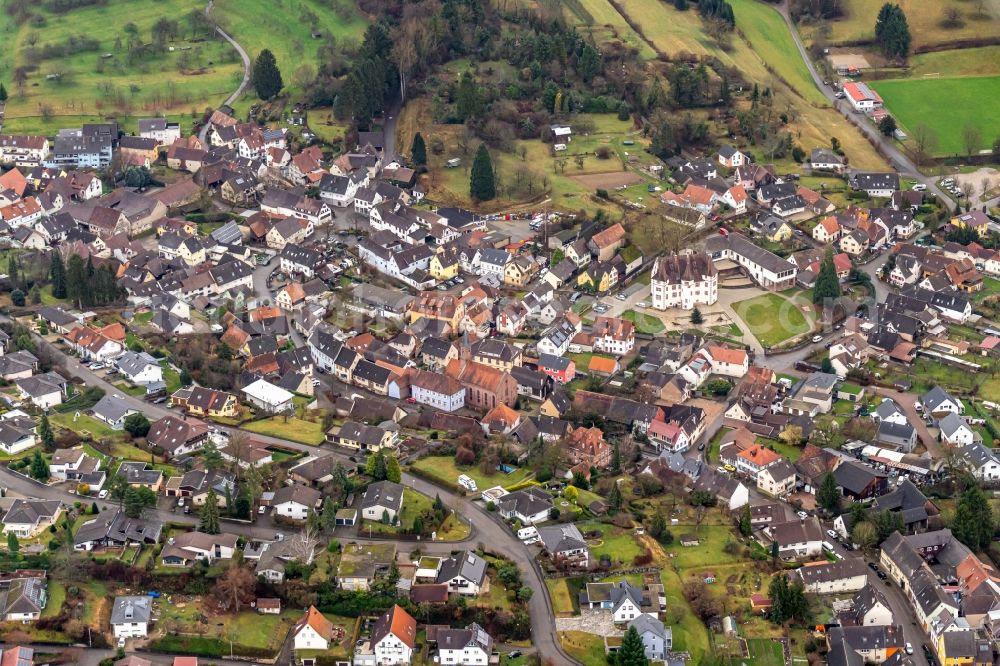Schmieheim from above - Town View of the streets and houses of the residential areas in Schmieheim in the state Baden-Wuerttemberg, Germany