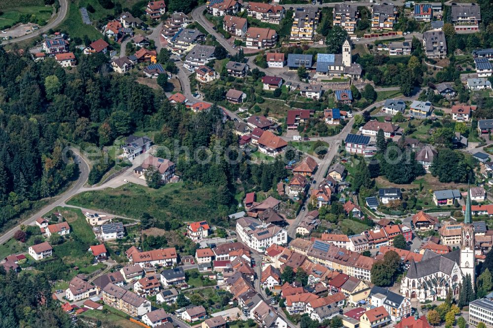 Schönau im Schwarzwald from above - Town View of the streets and houses of the residential areas in Schoenau im Schwarzwald in the state Baden-Wurttemberg, Germany