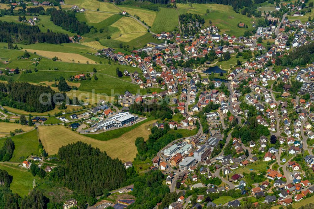 Aerial image Schonach im Schwarzwald - Town View of the streets and houses of the residential areas in Schonach im Schwarzwald in the state Baden-Wurttemberg, Germany