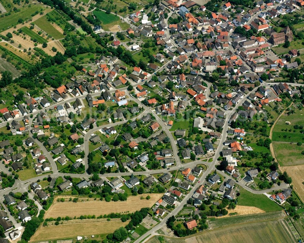 Schwarzach from above - Town View of the streets and houses of the residential areas in Schwarzach in the state Baden-Wuerttemberg, Germany
