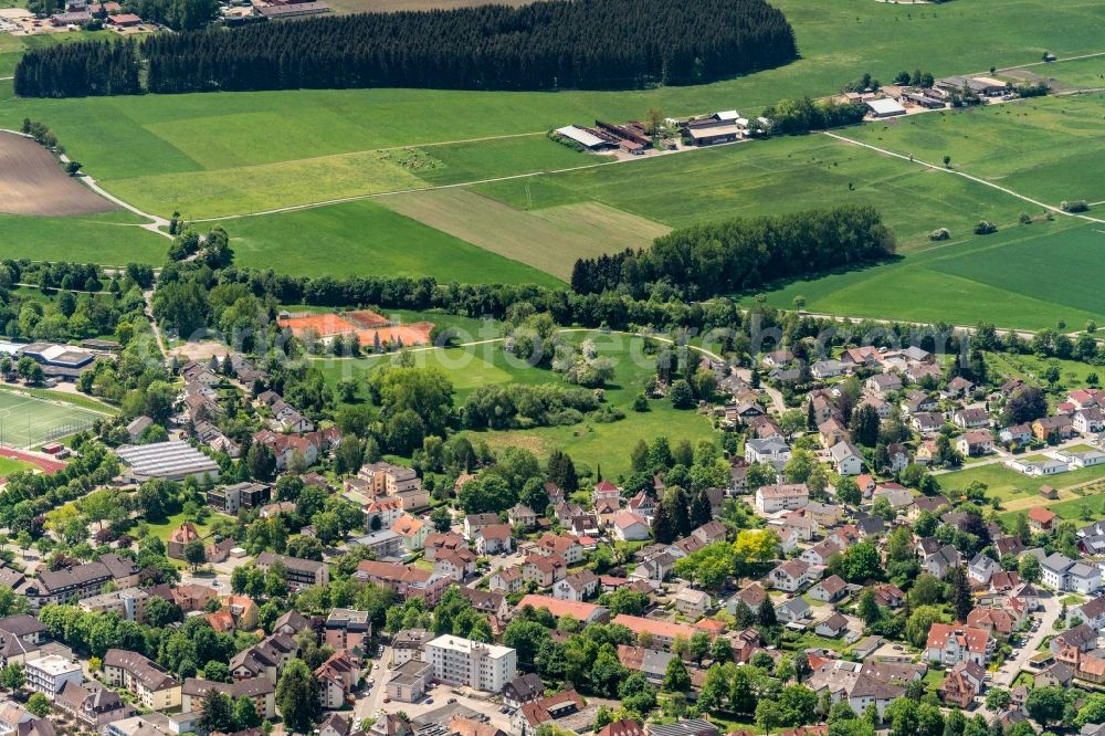 Bad Dürrheim from above - Surrounded by forest and forest areas center of the streets and houses and residential areas in Bad Duerrheim in the state Baden-Wuerttemberg, Germany