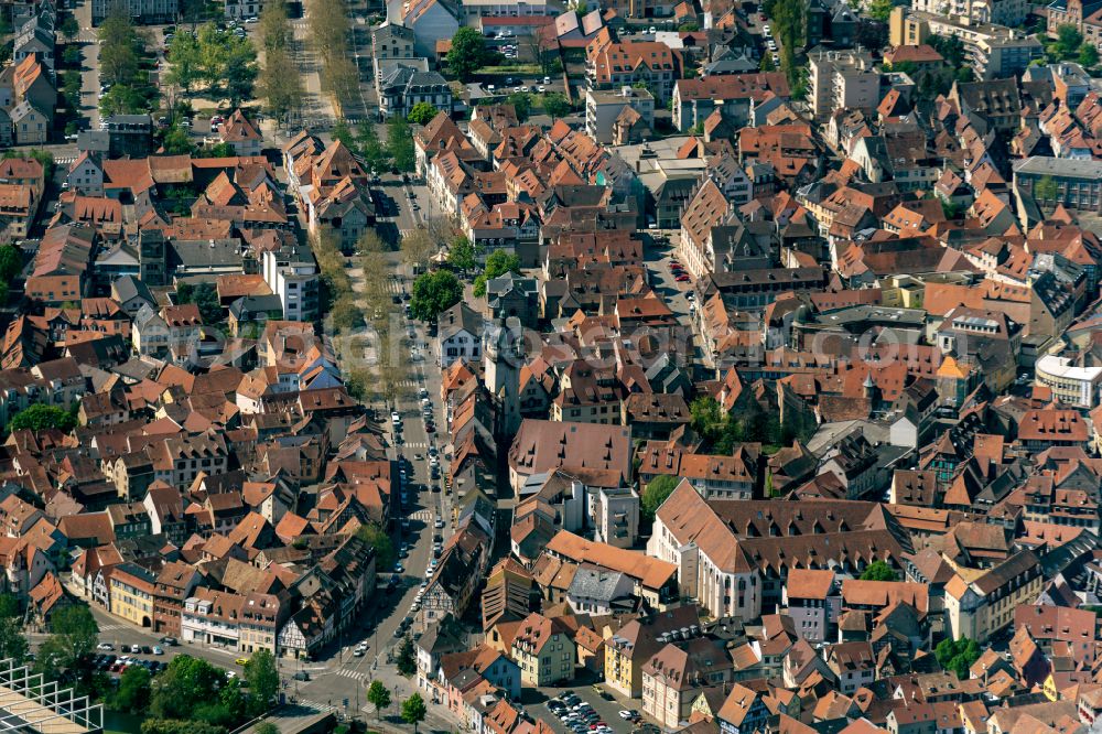 Selestat from above - Town View of the streets and houses of the residential areas in Selestat in Grand Est, France