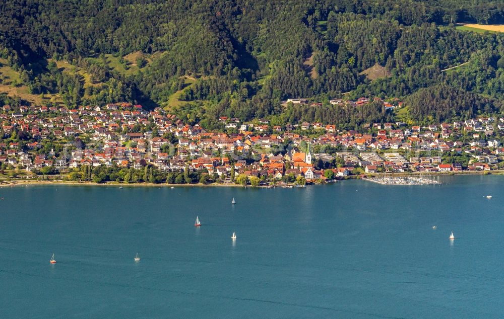 Aerial image Sipplingen - Town View of Sipplingen at the Lake Constance in the state Baden-Wuerttemberg, Germany. On top of the mountain Sipplinger Berg the buildings of Lake Constance Water Supply