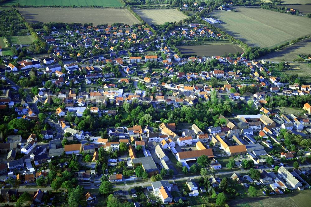 Sülzetal from above - Town View of the streets and houses of the residential areas in Suelzetal in the state Saxony-Anhalt, Germany