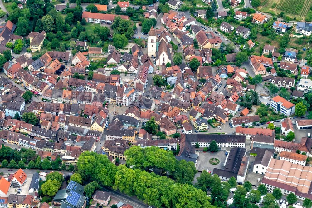 Staufen im Breisgau from above - Town View of the streets and houses of the residential areas in Staufen im Breisgau in the state Baden-Wurttemberg, Germany