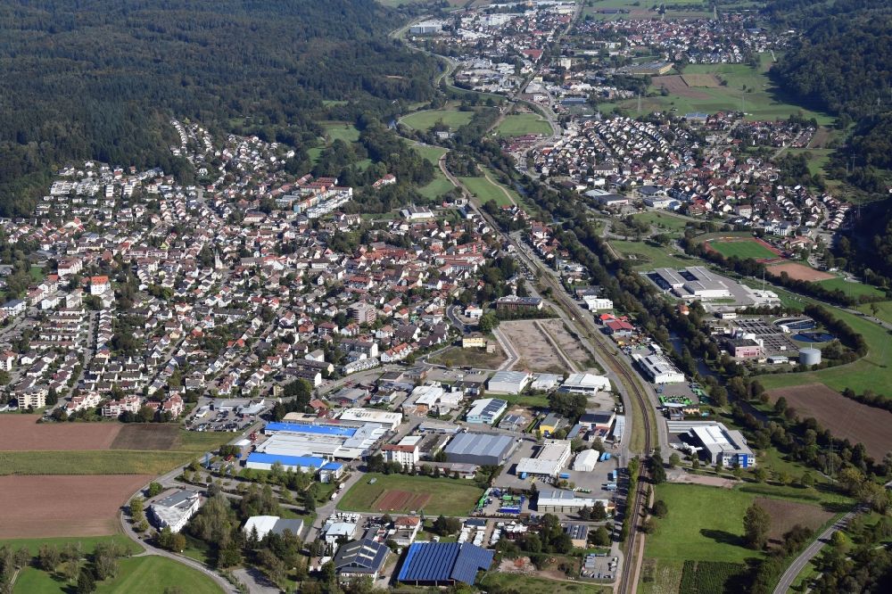 Steinen from above - View of the streets and houses of the residential areas in Steinen and district Hoellstein in the state Baden-Wurttemberg, Germany