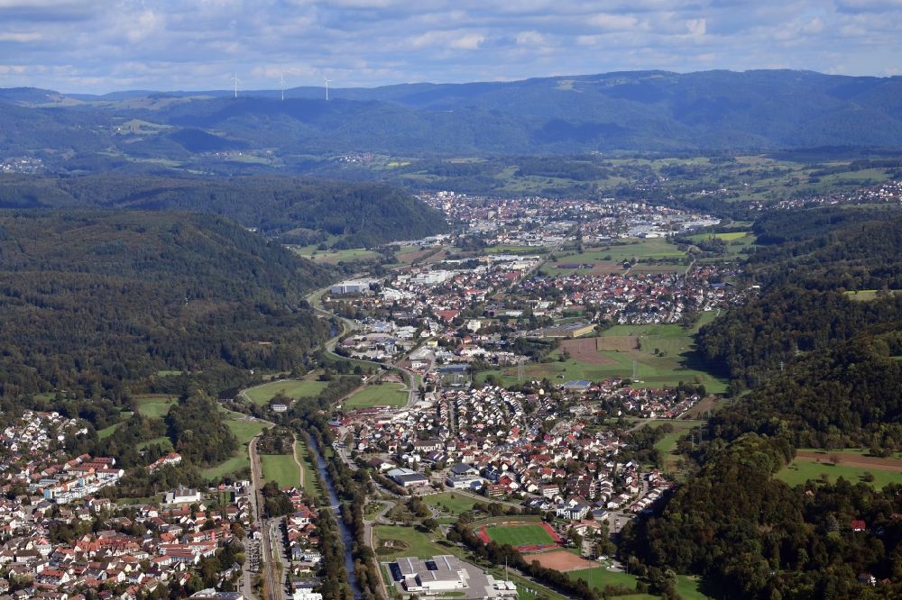 Steinen from the bird's eye view: Town view of the residential areas in Steinen in the state Baden-Wurttemberg, Germany. Looking eastbound allong the valley of the river Wiese with the cities Steinen, Hoellstein, Maulburg and Schopfheim in the Black Forest