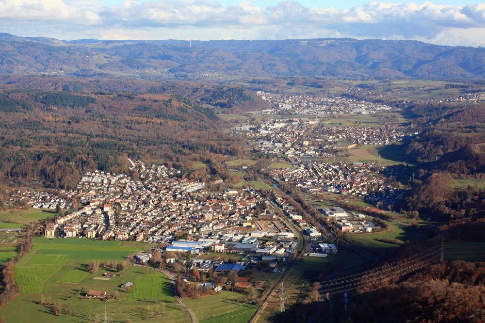 Steinen from above - Town view of the residential areas in Steinen in the state Baden-Wurttemberg, Germany. Looking eastbound allong the valley if the river Wiese over Steinen, Hoellstein, Maulburg and Schopfheim