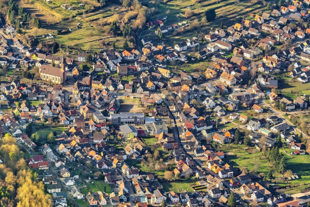 Sulz from above - Town View of the streets and houses of the residential areas in Sulz in the state Baden-Wurttemberg, Germany