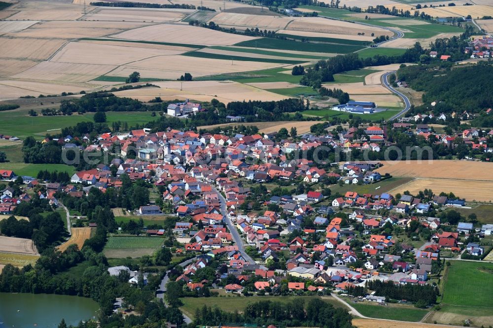 Sulzfeld from above - Town View of the streets and houses of the residential areas in Sulzfeld in the state Bavaria, Germany