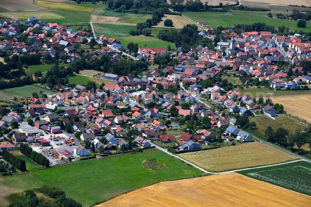 Sulzfeld from above - Town View of the streets and houses of the residential areas in Sulzfeld in the state Bavaria, Germany