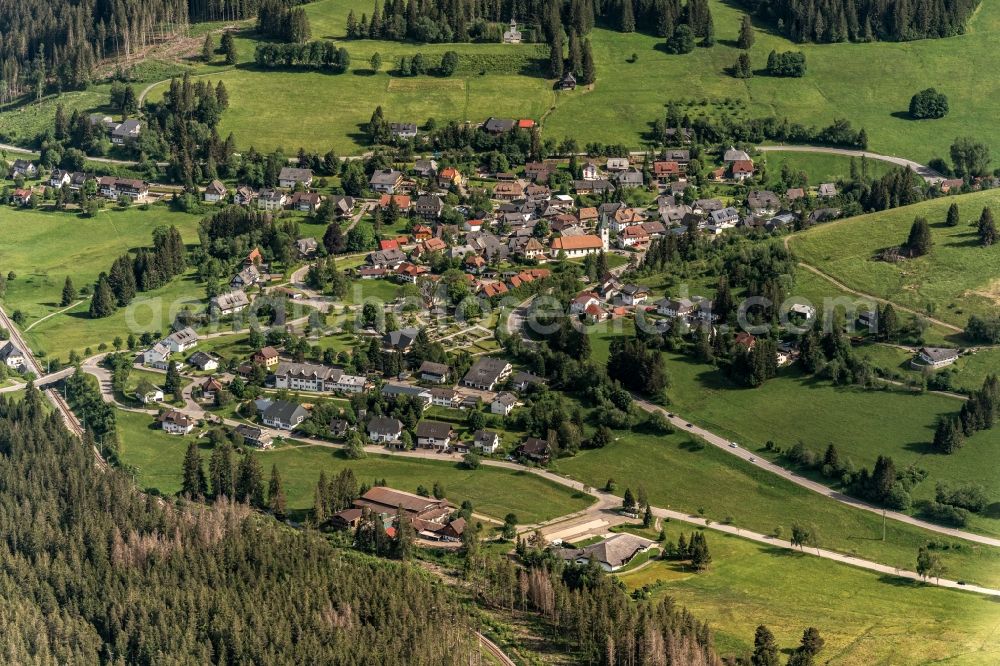 Aerial photograph Altglashütten - Location view of the streets and houses of residential areas in the valley landscape surrounded by mountains in Altglashuetten in the state Baden-Wuerttemberg, Germany