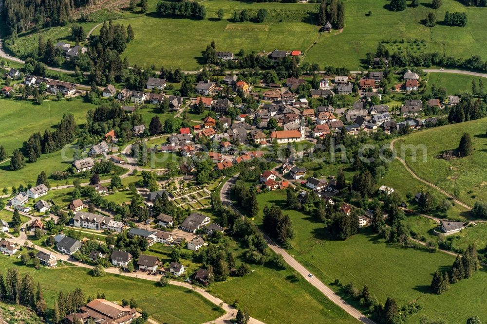 Altglashütten from above - Location view of the streets and houses of residential areas in the valley landscape surrounded by mountains in Altglashuetten in the state Baden-Wuerttemberg, Germany