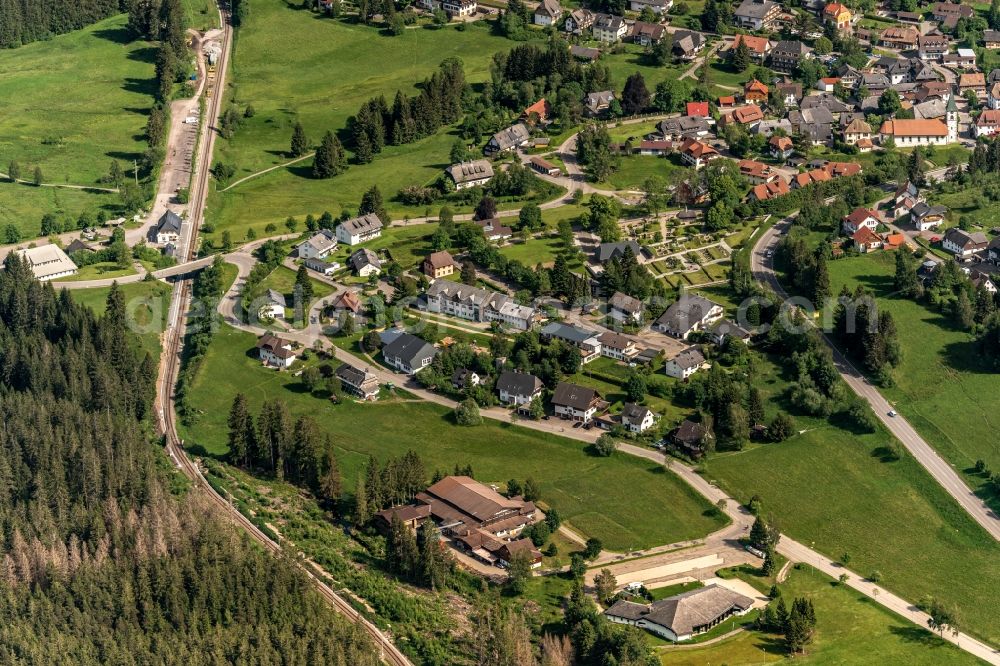 Altglashütten from the bird's eye view: Location view of the streets and houses of residential areas in the valley landscape surrounded by mountains in Altglashuetten in the state Baden-Wuerttemberg, Germany
