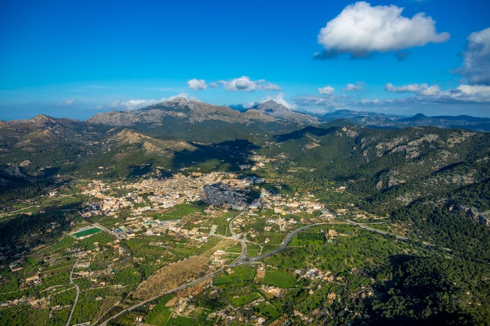 Aerial image Andratx - Location view of the streets and houses of residential areas in the valley landscape surrounded by mountains in Andratx in Balearische Insel Mallorca, Spain