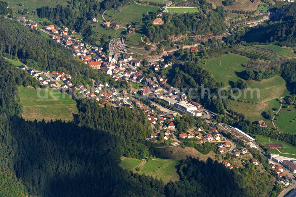 Bad Peterstal-Griesbach from the bird's eye view: Location view of the streets and houses of residential areas in the valley landscape surrounded by mountains in Bad Peterstal-Griesbach in the state Baden-Wuerttemberg, Germany
